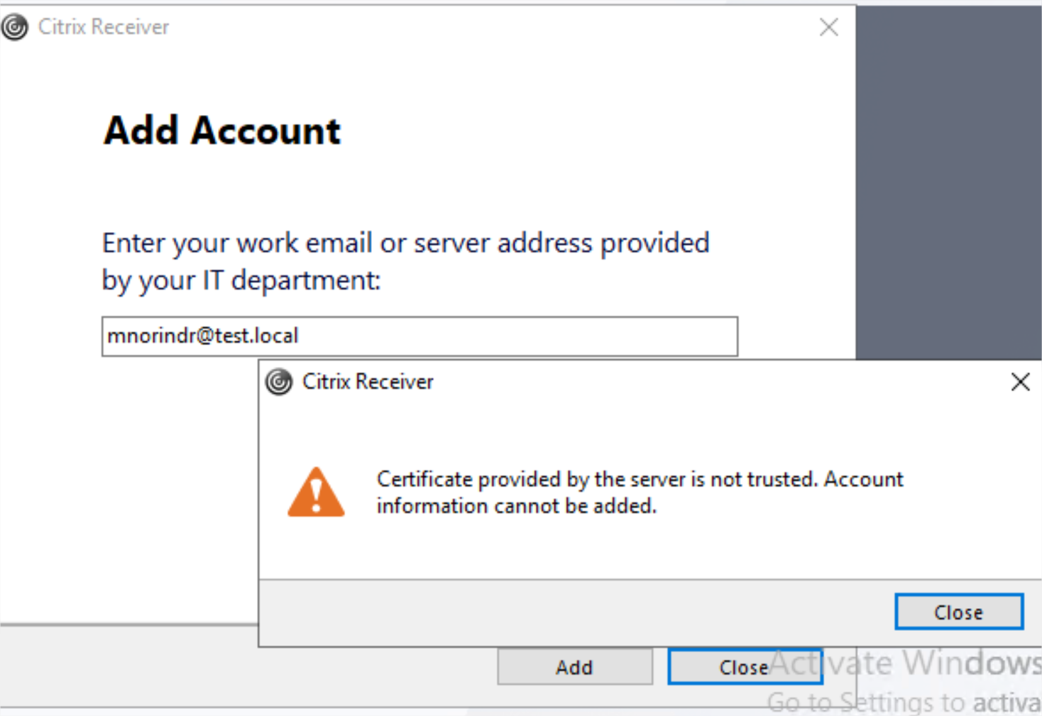 citrix your account cannot be added